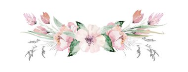 Suluboya boho çiçekli çelenk. Bohem doğal yapısı: yapraklar, tüyler, çiçekler, beyaz arka planda izole edilmiş. Sanatsal dekorasyon çizimi. Tarihi, düğün tasarımı, sevgililer gününü kaydet