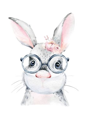 Tavşan Hayvan şirin doktor suluboya çocuk resimleri beyaz arka planda izole edilmiş. Tıbbi çocuk tasarımı. Enfeksiyon koruma salgını maskesi