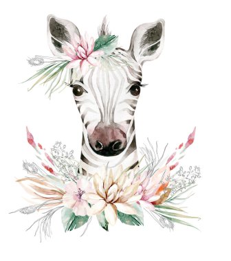 İçinde zebra olan modaya uygun bir poster. Suluboya karikatür zebra savana hayvan çizimi. Orman savanası tropikal yaz baskısı.