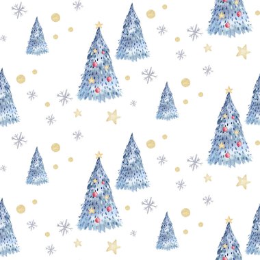 Ağaç, kar taneleri ve dallarla suluboya kusursuz Noel deseni. Penguen kış karlı eli çizildi