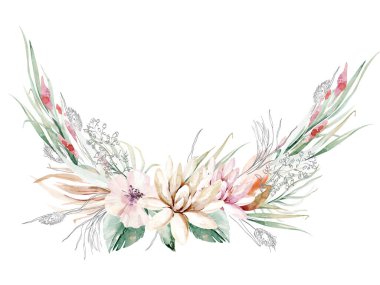 Suluboya boho çiçekli çelenk. Bohem doğal yapısı: yapraklar, tüyler, çiçekler, beyaz arka planda izole edilmiş. Sanatsal dekorasyon çizimi. Tarihi, düğün tasarımı, sevgililer gününü kaydet