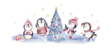 Suluboya mutlu noel karakteri penguen çizimi. Kış çizgi filmi sevimli hayvan tasarım kartını izole etti. Kar tatili penguenleri.