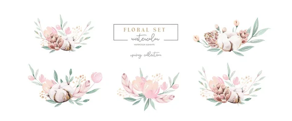 Watercolor floral wreath and bouquet frame illustration with cotton balls peach color, white, pink, vivid flowers, green leaves, for wedding stationary, greetings, wallpapers, fashion, background — 스톡 사진