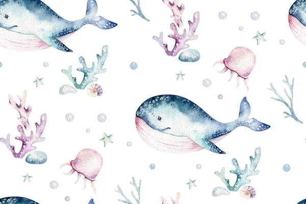 Tengeri Állatok Kék Akvarell Óceán Zökkenőmentes Pettern Hal Teknős Bálna — Stock Fotó