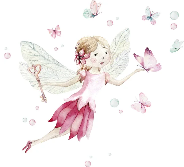 Cute Fairy Character Watercolor Illustration White Background Magic Fantasy Cartoon — Stock Photo, Image