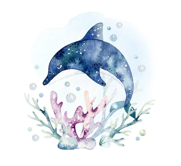 Sada Mořských Živočichů Modrá Akvarel Oceánské Ryby Želvy Velryby Korály — Stock fotografie
