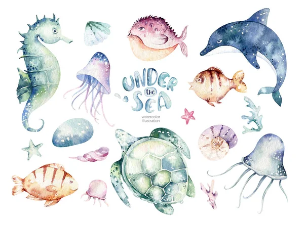 Set Sea Animals Blue Watercolor Ocean Fish Turtle Whale Coral — Stock Photo, Image