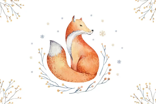 Zimní akvarel. Vánoce s liščí stromovou krajinou s jedlí borovic v horách. Ručně malované Izolované na bílém pozadí. Snow holiday design — Stock fotografie