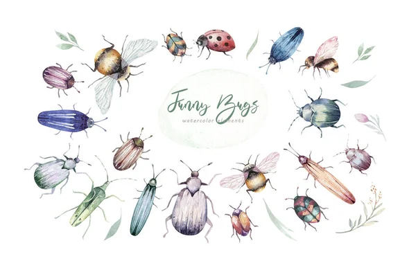 Conjunto Escarabajos Brillantes Acuarela Insectos Vuelan Abejas Aislado Colorido Caricatura — Foto de Stock