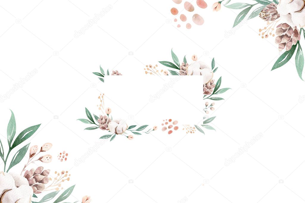 Watercolor floral wreath and bouquet frame illustration with cotton balls peach color, white, pink, vivid flowers, green leaves, for wedding stationary, greetings, wallpapers, fashion, background