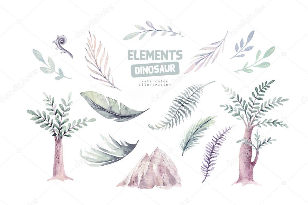 Cute cartoon baby dinosaurs collection watercolor illustration, hand painted dino isolated on a white background for nursery poster decoration. Rex children funny