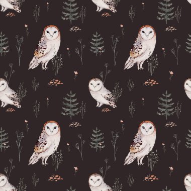 Woodland hayvanları suluboya desenli. Kumaş duvar kağıdı arka planında Baykuş, kirpi, tilki ve kelebek, orman sincabı ve sincap tavşan seti, ayı ve kuş yavrusu hayvan, İskandinav çocuk yuvası