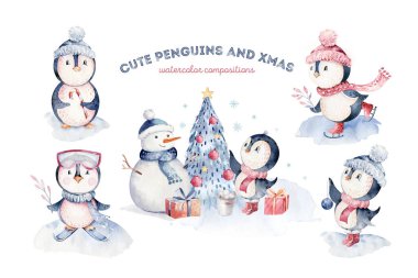 Suluboya mutlu noel karakteri penguen çizimi. Kış çizgi filmi sevimli hayvan tasarım kartını izole etti. Kar mevsimi xmas penguenleri.