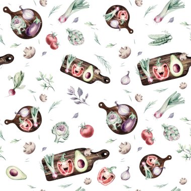 suluboya sebzeler taze enginar, dolmalık biber ve avokado sebzeleri. yumurta tabağı, pırasa ve brokoli kumaş vejetaryen doğa yeşil arkaplan çizimi