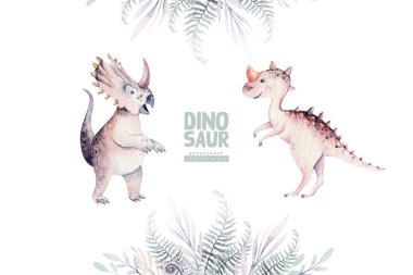 Şirin bebek dinozorlar suluboya resimlerini topluyor, beyaz arka planda izole edilmiş el boyalı dinazorlar bebek posterleri süslemek için. Rex çocuklar komiktir