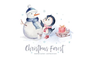 Suluboya mutlu noel karakteri penguen ve kardan adam çizimi. Kış tatili çizgi filmi sevimli hayvan tasarım kartını izole etti. Kar mevsimi xmas penguenleri.