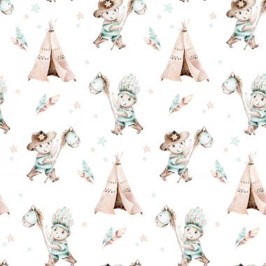 Batılı kovboy çocuk kusursuz desen ve çadır çadırı suluboya çizimi. Çizgi film ve Amerikan kabileleri çadır kreş tasarımı. Vahşi Batı doğum günü daveti