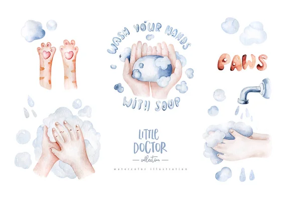 Tvätta dina hand barn affisch akvarell illustration med katt tassar. handritning. handtvätt. Ritar i tecknad stil. Personlig hygien — Stockfoto