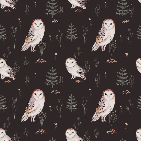 Watercolor Woodland Animals Seamless Pattern Fabric Wallpaper Background Owl Hedgehog — Stock Photo, Image