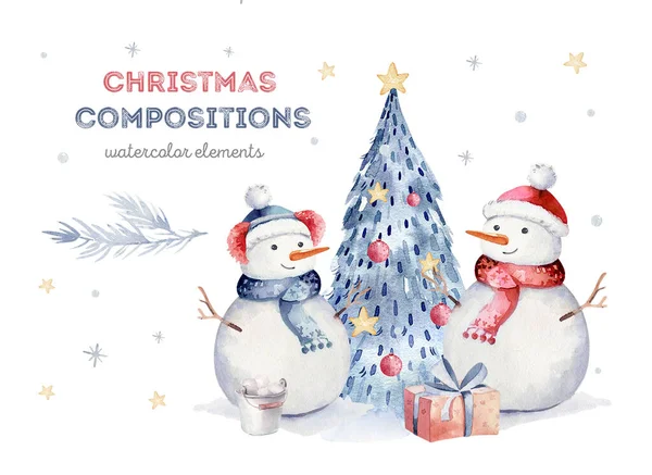 Acuarela de Navidad conjunto de elementos. Ilustración aislada de invierno. Diseño de vacaciones con tarjeta de felicitación snowman.New año —  Fotos de Stock