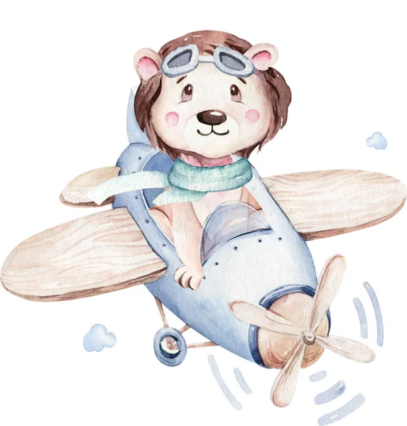 水彩画婴儿卡通片飞行员航空河马 狮子和斑马动物的天空运输 飞机云彩 可爱的孩子气婴儿淋浴图解 — 图库照片
