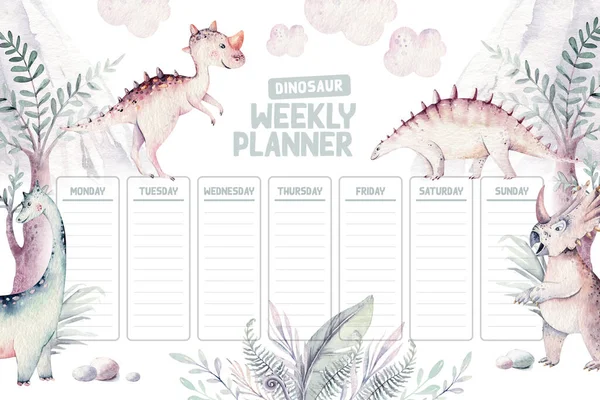 Cute cartoon baby dinosaurs to do list and planner watercolor illustration, hand painted todo dino isolated on a white background for nursery poster decoration. Rex children funny