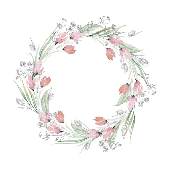Akvarell Boho Virágkoszorú Bohém Természetes Keret Levelek Tollak Virágok Elszigetelt — Stock Fotó