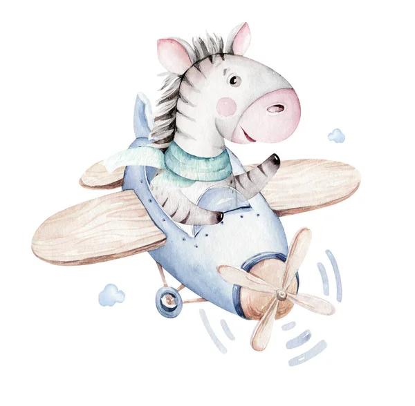 Aquarelle Bébé Dessin Animé Pilote Aviation Hippopotame Lion Zèbre Animaux — Photo