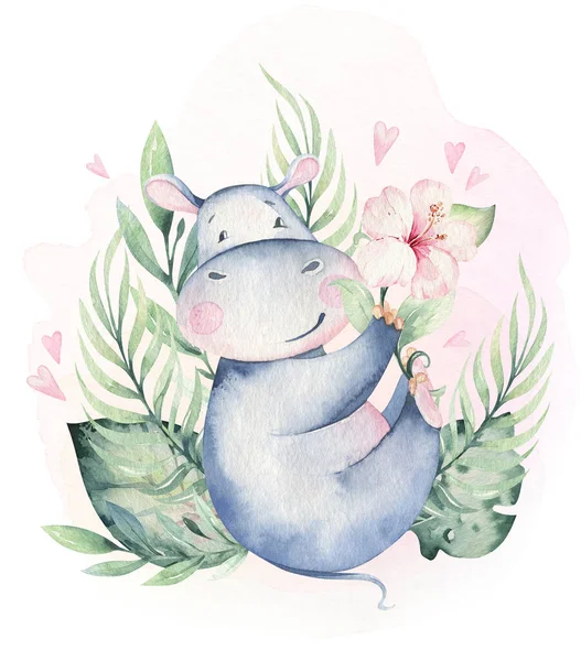 Hand drawn cute isolated tropical summer watercolor hippo animals. hippopotamus baby and mother cartoon animal illustrations, jungle tree, brazil trendy design. Aloha collection. — Stock Photo, Image