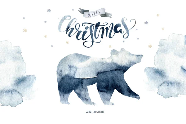 Floresta de inverno aquarela com urso. Paisagem de árvore de Natal com pinheiro abeto nas montanhas. Pintado à mão isolado no fundo branco. Design de férias de neve — Fotografia de Stock