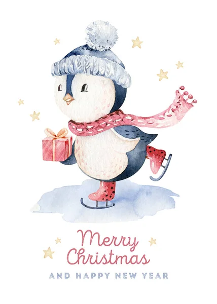 水彩メリークリスマスキャラクターペンギンイラスト 冬の漫画はかわいい面白い動物のデザインカードを隔離しました 雪の休日のクリスマスペンギン — ストック写真
