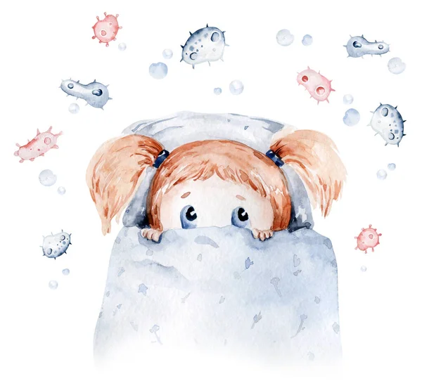 Aranyos rajzfilm gyermekgyógyász lány karakter fekszik az ágyban egy megfázás. pirulák, mentők, maszkok, baktériumok, vírusok, koronavírus. Akvarell kézzel rajzolt fiú és lány orvos készlet — Stock Fotó