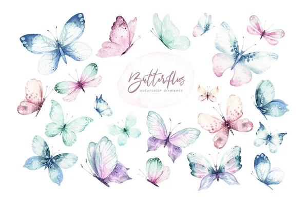Mariposas de colores acuarela, mariposa aislada sobre fondo blanco. azul, amarillo, rosa y rojo mariposa primavera ilustración. — Foto de Stock