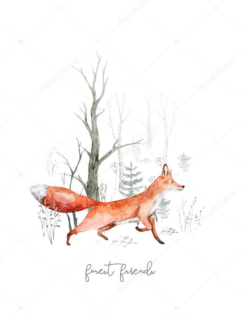 Woodland watercolor cute animals baby fox. Nursery bunny Scandinavian forest nursery fox design. Isolated character.