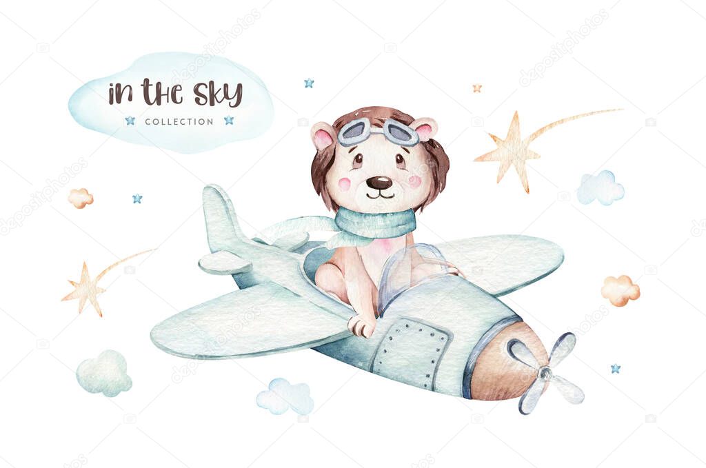 Watercolor baby cartoon pilot aviation hippopotamus, lion and zebra animals sky transport, airplanes clouds. cute childish baby shower illustration.