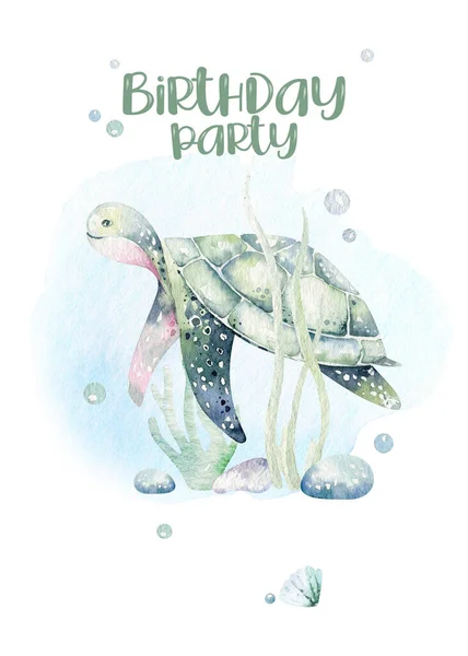Animaux De Mer Aquarium Bebe Joyeux Anniversaire Affiche Aquarelle Bleue Poisson D Ocean Tortue Baleine Et Corail Fond De L Aquarium Shell Marine Nautique Dessine Faune Stock Photo