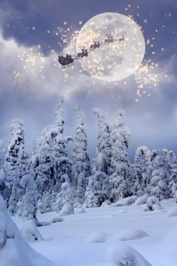 Gökyüzünde uçan Ren geyiği ile Noel Baba.