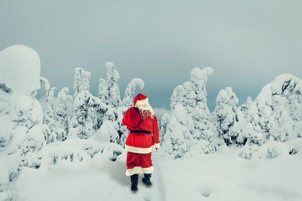 Santa Claus carries gifts.