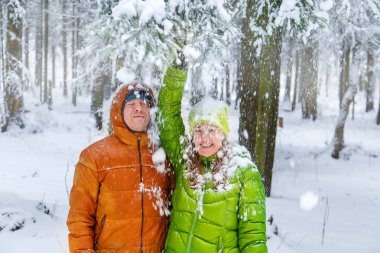 Etkin aile kış ormanda yürüyüş.