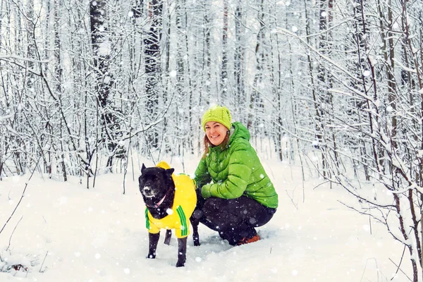 적극적인 여 자가 겨울 숲에서 개를 산책. — 스톡 사진