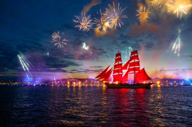 Colorful fireworks and a ship with scarlet sails. clipart