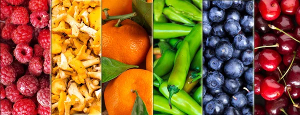 Collage de coloridas frutas, setas y verduras . — Foto de Stock