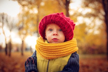 Sonbahar parkta oynarken küçük çekici bebek. 
