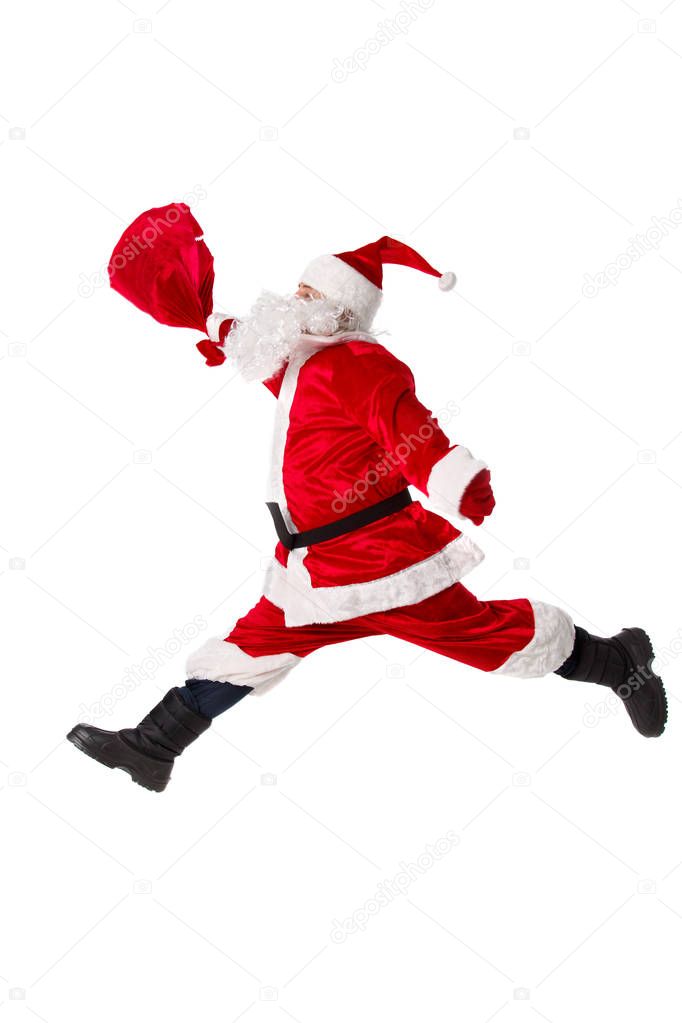 Santa Claus is jumping. 