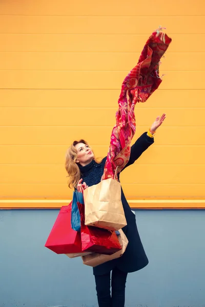 ショッピング バッグの購入を見ていると美しい女性. — ストック写真