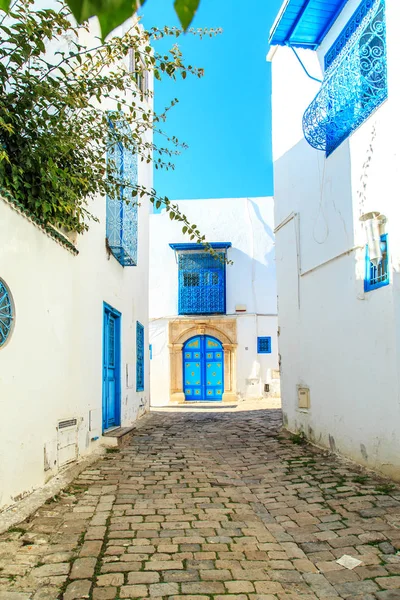 Weiß-blaue Stadt sidi bou sagte, Tunesien. — Stockfoto