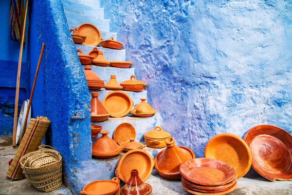 Декоративні Таджини Ринку Чефшоуені Марокканський Дизайн Східні Сувеніри — стокове фото