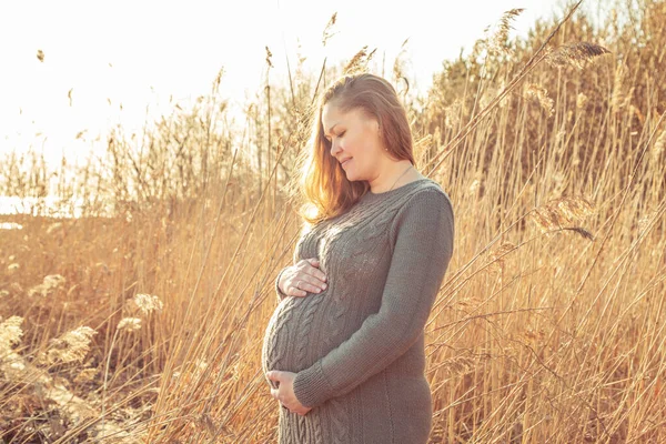Šťastná Těhotná Žena Užívá Života Odpočívá Přírodě Čekání Dítě — Stock fotografie