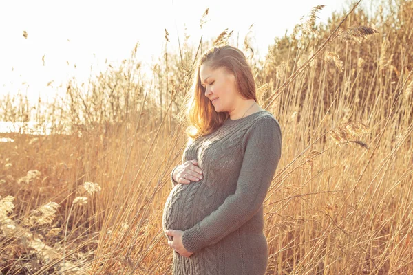 Lycklig Gravid Kvinna Njuter Livet Och Avkopplande Naturen Väntar Ett — Stockfoto