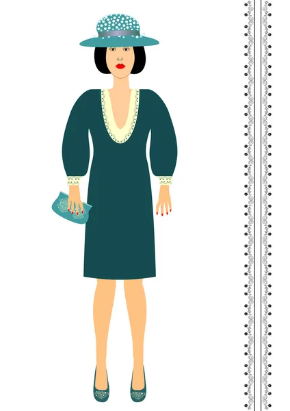 Mode Frau in der ursprünglichen Kleidung Hut Schuhe und Handtaschen — Stockvektor
